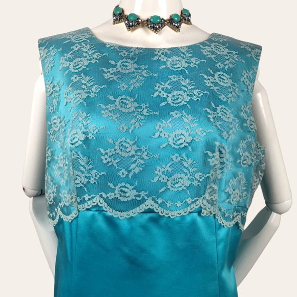 Vintage 1960s MOD Aqua Cocktail Dress Party Gown Lace Bodice Turquoise Satin M - Picture 2 of 13